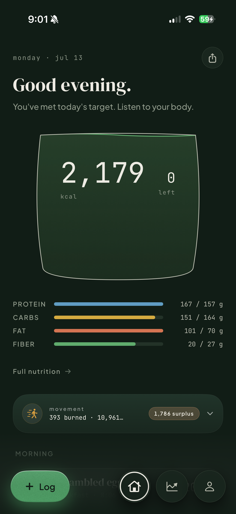 FitGlass dashboard showing calories, macros, and today's meals