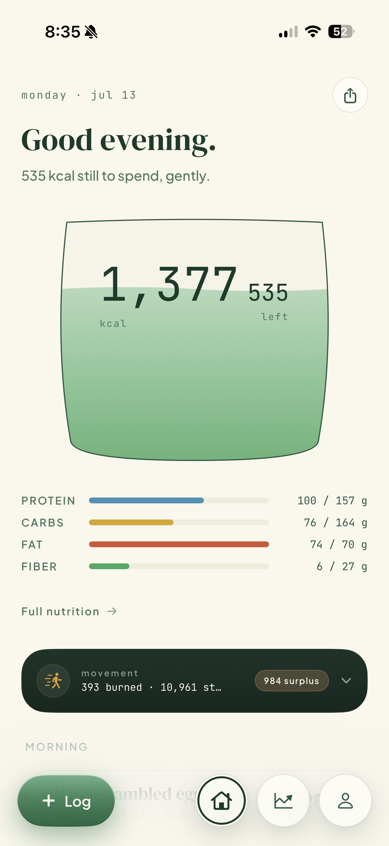 FitGlass dashboard showing calories, macros, and today's meals