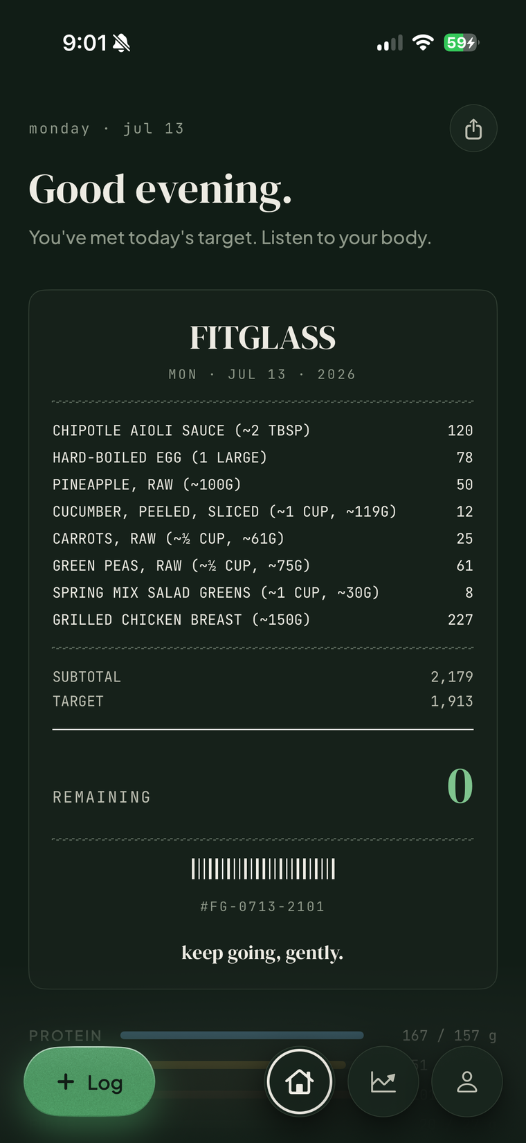FitGlass dashboard — Receipt theme