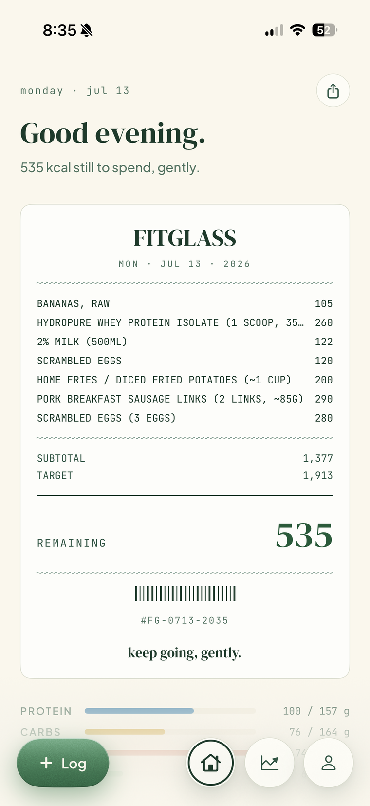 FitGlass dashboard — Receipt theme