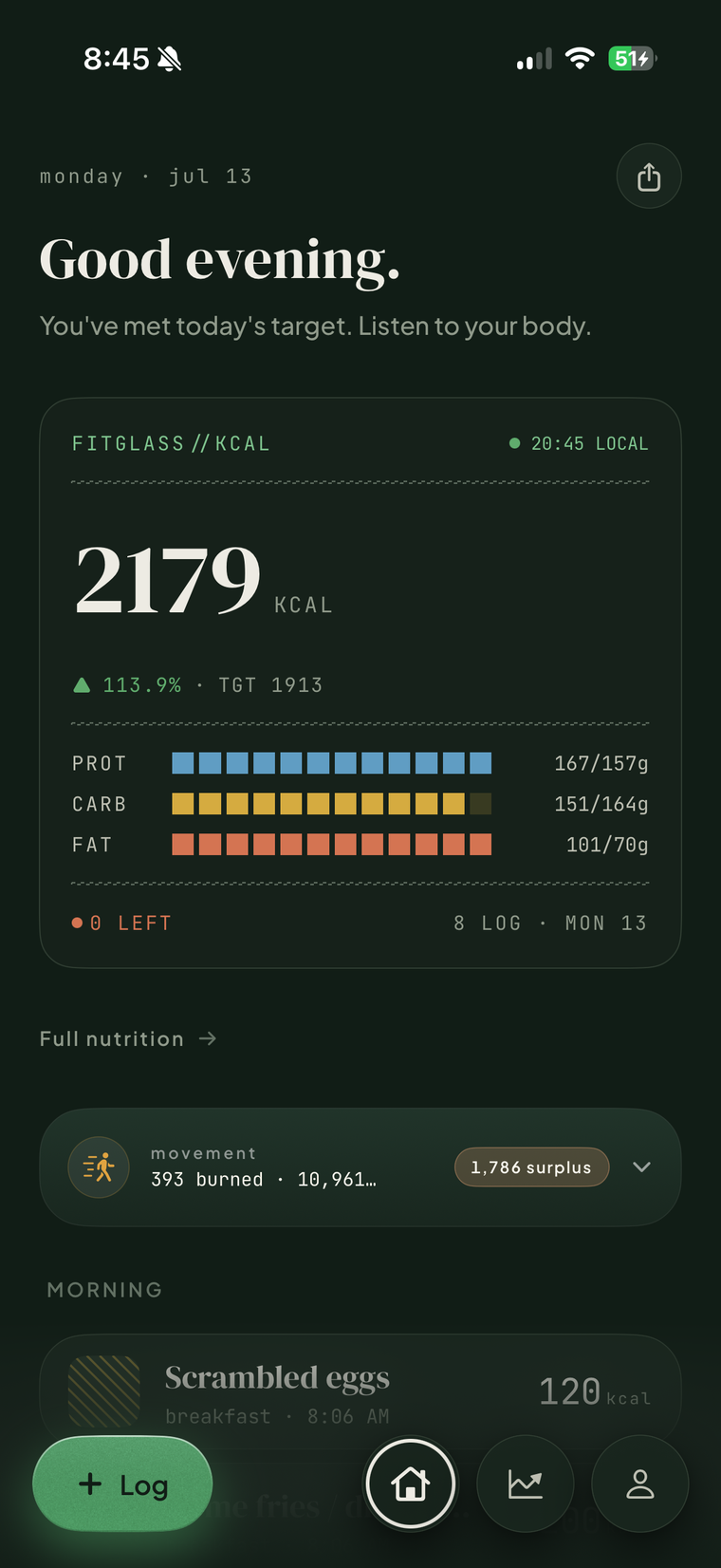 FitGlass dashboard — Terminal theme