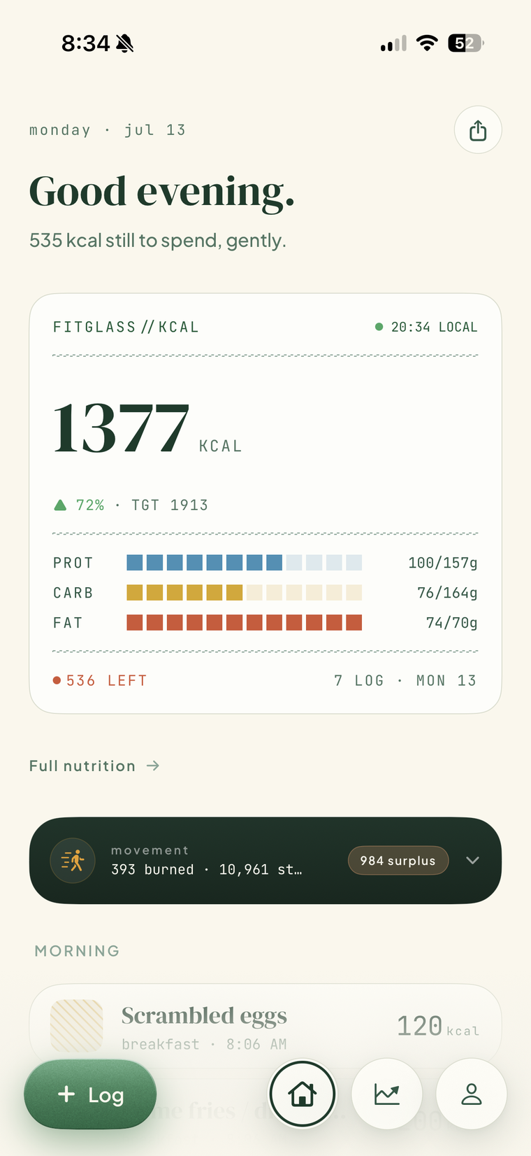 FitGlass dashboard — Terminal theme