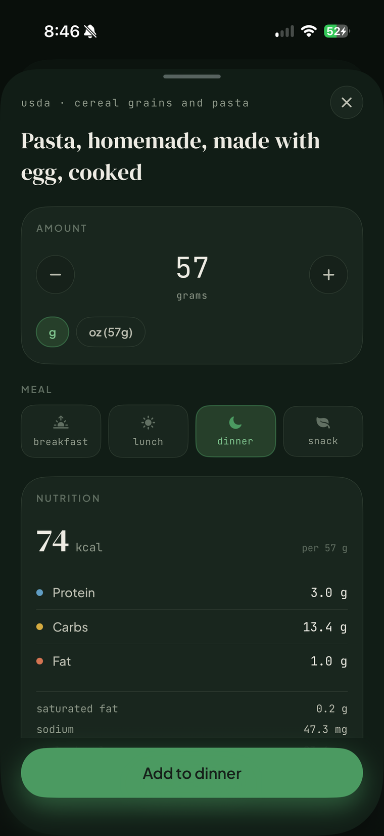 FitGlass USDA food detail with serving size and macros