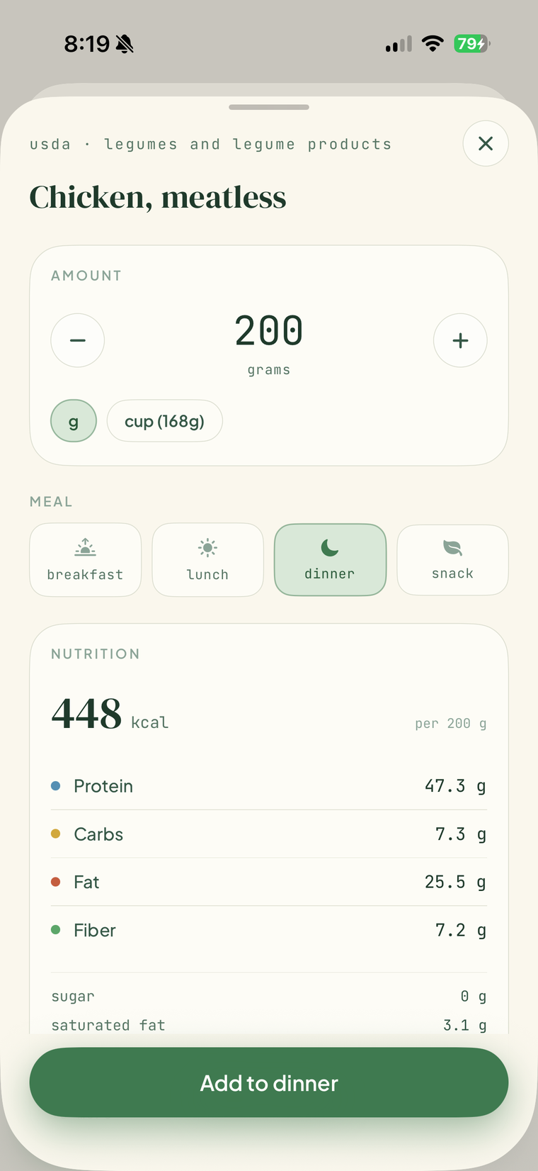 FitGlass USDA food detail with serving size and macros