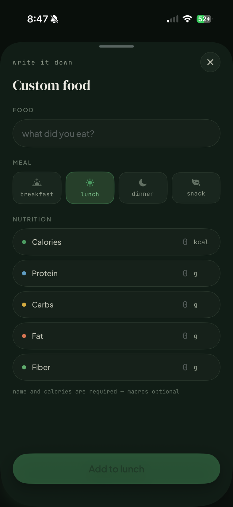 FitGlass custom food entry form