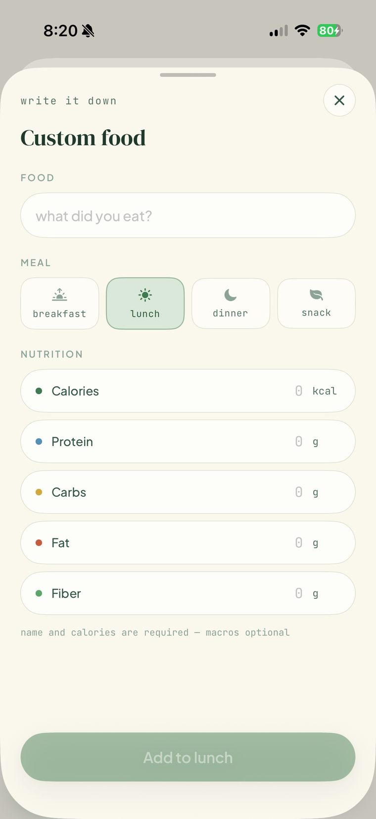 FitGlass custom food entry form